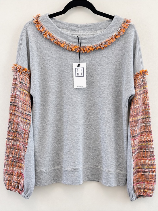 THML Tops - THML Gray Sweatshirt with Pink and Orange Tweed Sleeves